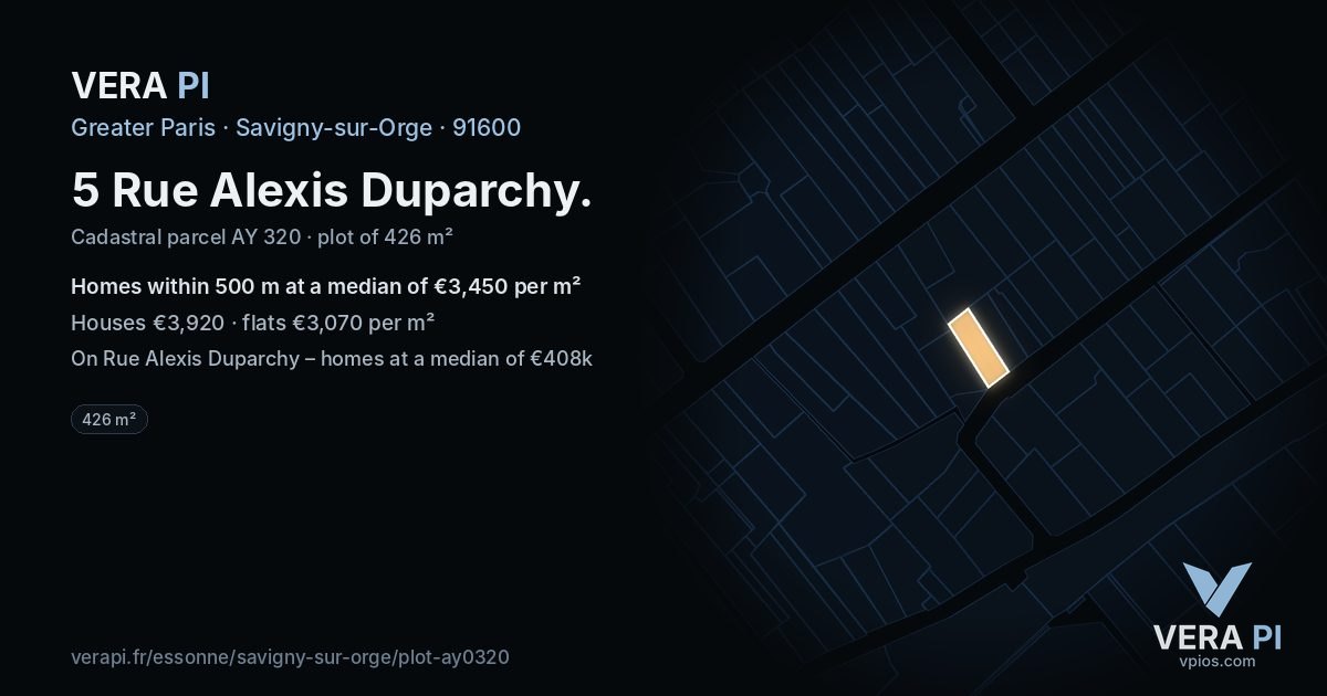5 Rue Alexis Duparchy, Savigny-sur-Orge at night – the plot lit, the parcels around coloured by the prices near them