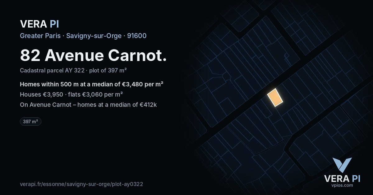 82 Avenue Carnot, Savigny-sur-Orge at night – the plot lit, the parcels around coloured by the prices near them
