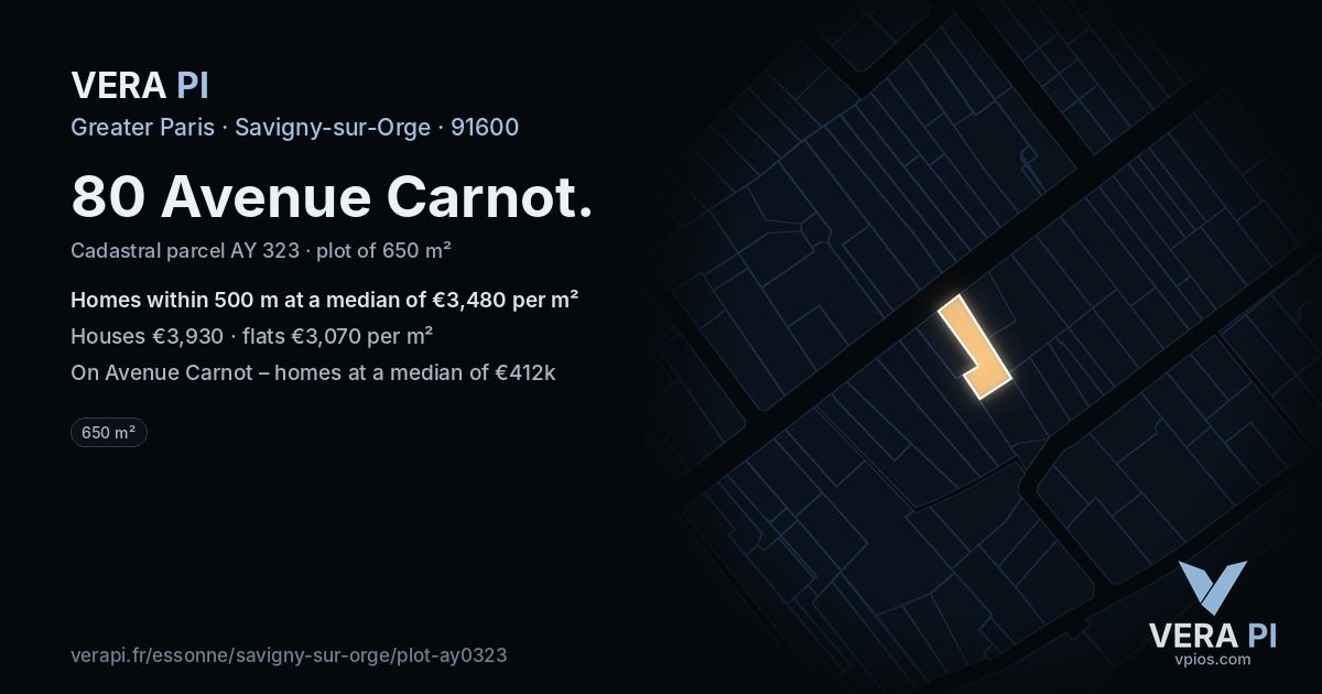 80 Avenue Carnot, Savigny-sur-Orge at night – the plot lit, the parcels around coloured by the prices near them