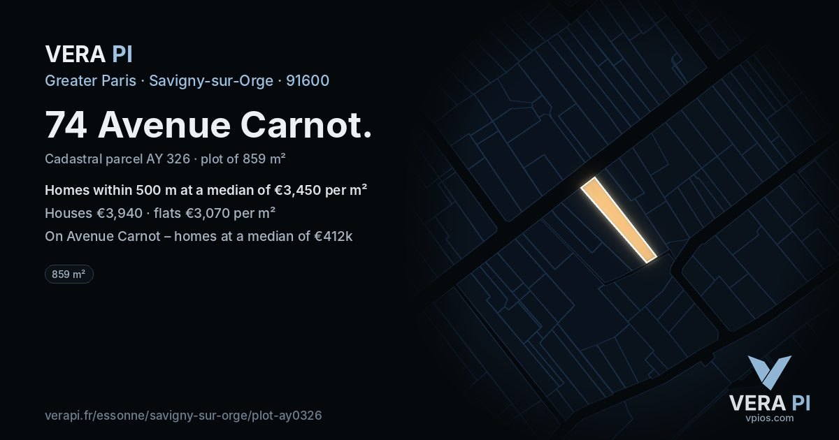 74 Avenue Carnot, Savigny-sur-Orge at night – the plot lit, the parcels around coloured by the prices near them