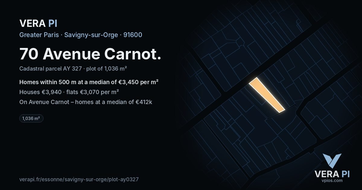 70 Avenue Carnot, Savigny-sur-Orge at night – the plot lit, the parcels around coloured by the prices near them