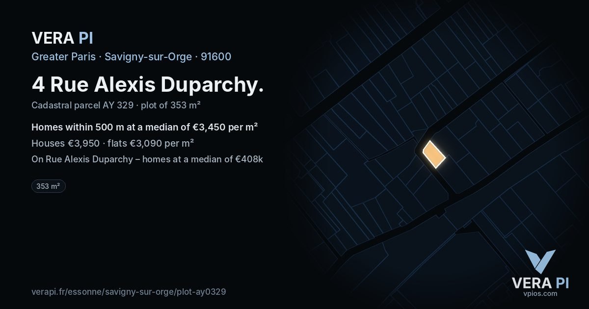 4 Rue Alexis Duparchy, Savigny-sur-Orge at night – the plot lit, the parcels around coloured by the prices near them