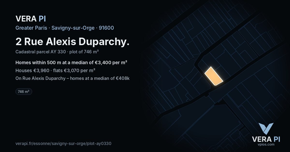 2 Rue Alexis Duparchy, Savigny-sur-Orge at night – the plot lit, the parcels around coloured by the prices near them