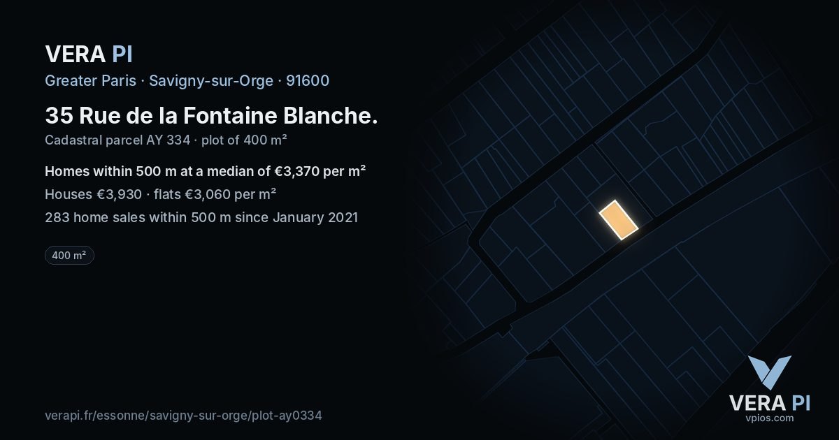 35 Rue de la Fontaine Blanche, Savigny-sur-Orge at night – the plot lit, the parcels around coloured by the prices near them