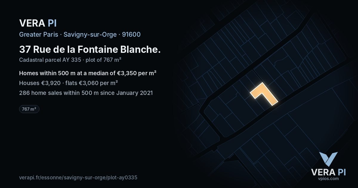 37 Rue de la Fontaine Blanche, Savigny-sur-Orge at night – the plot lit, the parcels around coloured by the prices near them