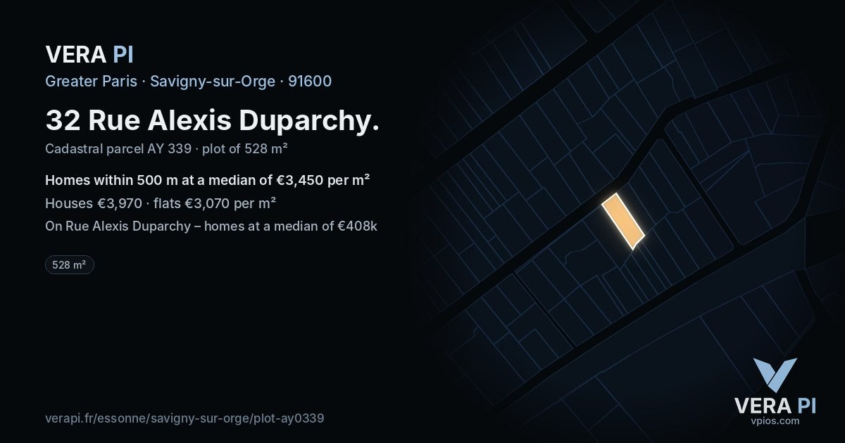 32 Rue Alexis Duparchy, Savigny-sur-Orge at night – the plot lit, the parcels around coloured by the prices near them