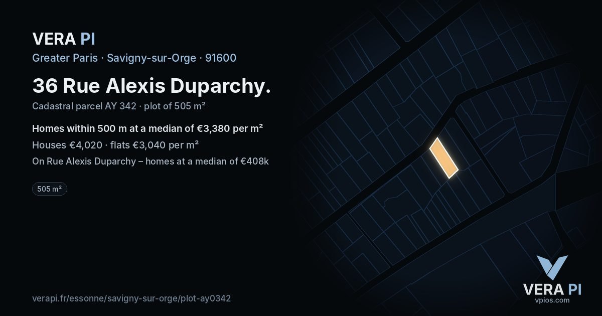 36 Rue Alexis Duparchy, Savigny-sur-Orge at night – the plot lit, the parcels around coloured by the prices near them