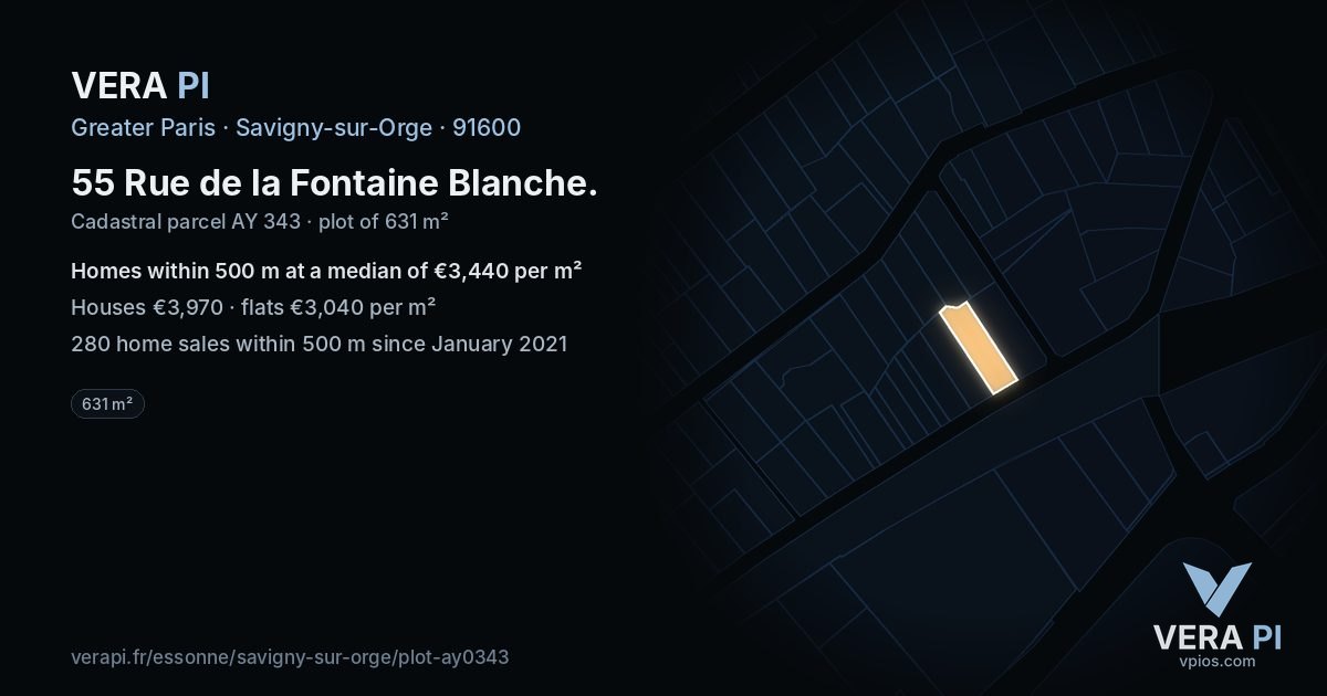 55 Rue de la Fontaine Blanche, Savigny-sur-Orge at night – the plot lit, the parcels around coloured by the prices near them