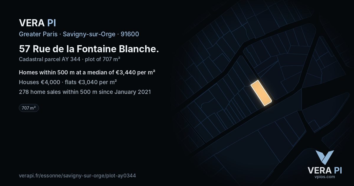 57 Rue de la Fontaine Blanche, Savigny-sur-Orge at night – the plot lit, the parcels around coloured by the prices near them