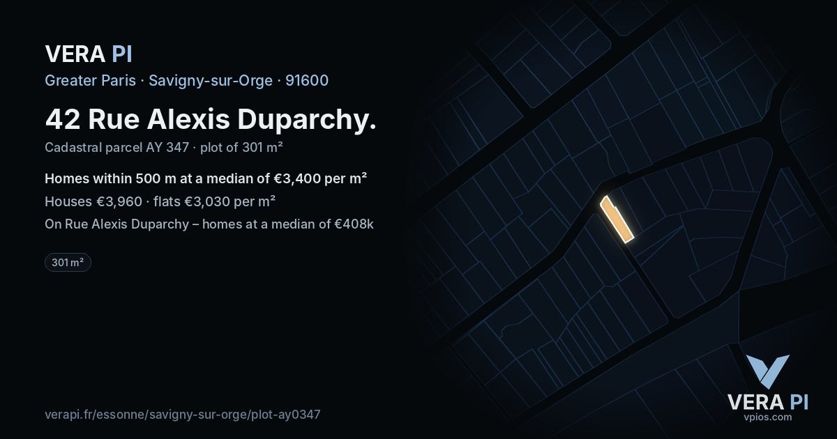 42 Rue Alexis Duparchy, Savigny-sur-Orge at night – the plot lit, the parcels around coloured by the prices near them