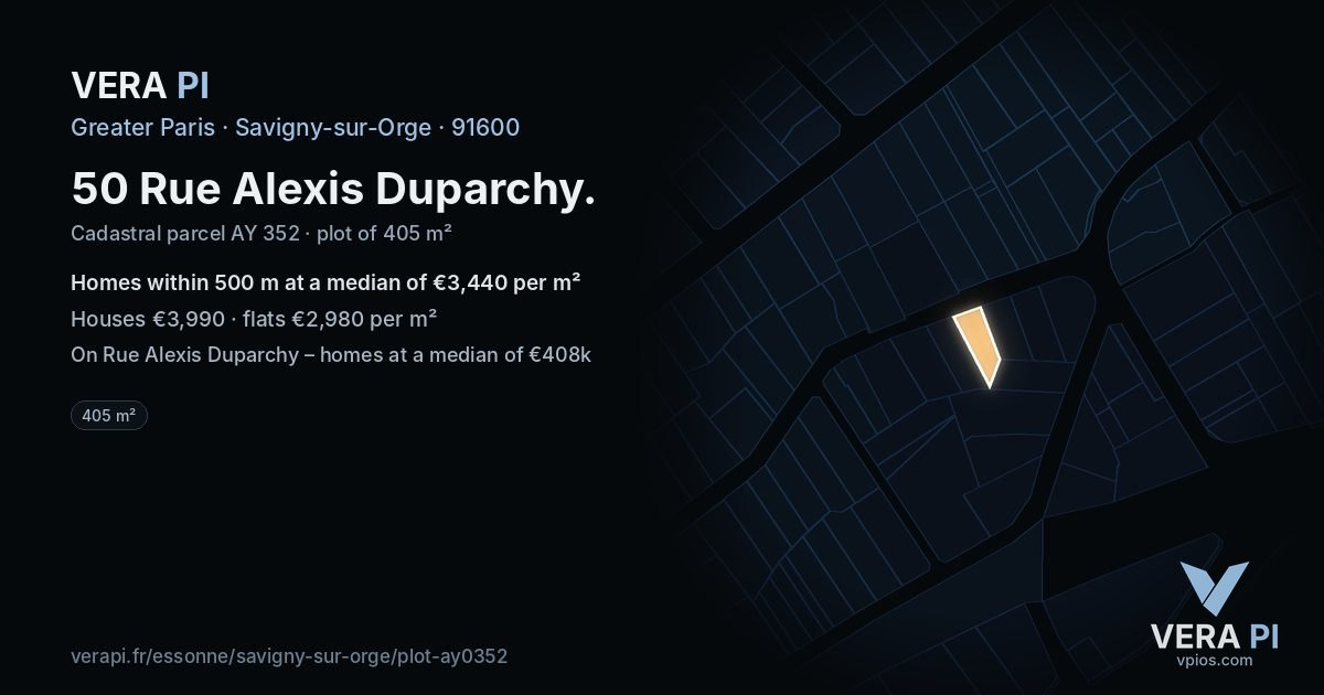 50 Rue Alexis Duparchy, Savigny-sur-Orge at night – the plot lit, the parcels around coloured by the prices near them