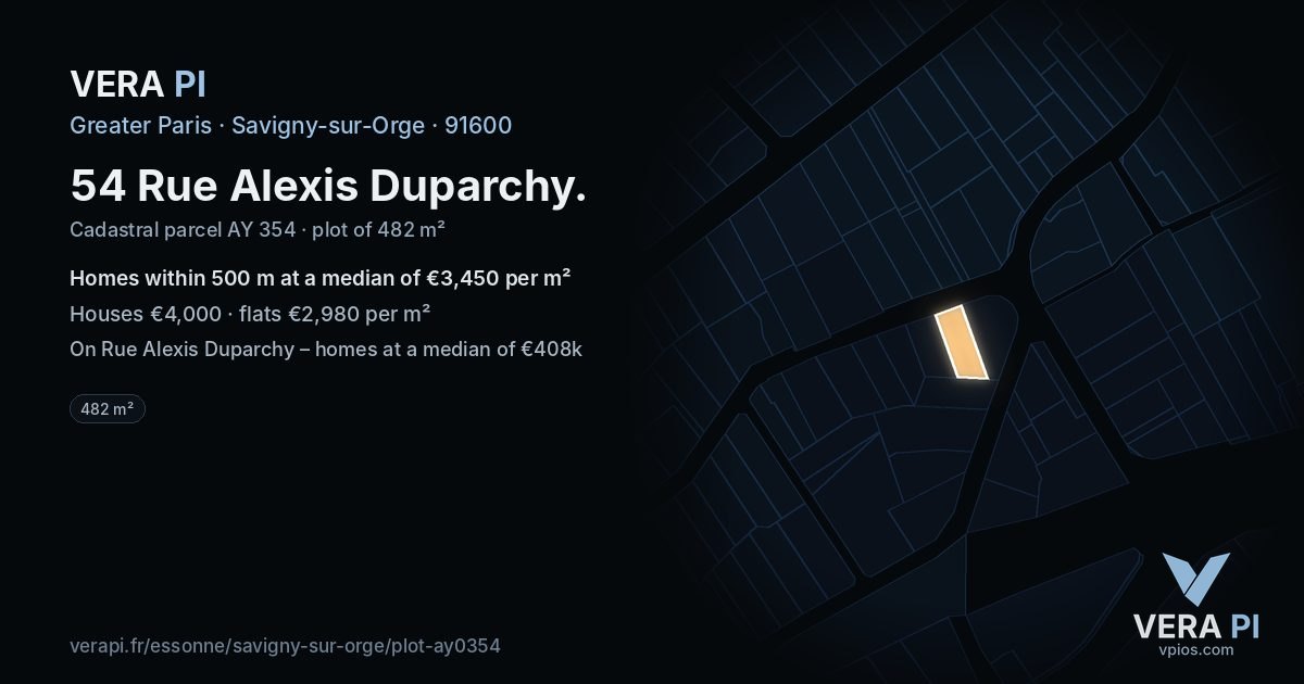 54 Rue Alexis Duparchy, Savigny-sur-Orge at night – the plot lit, the parcels around coloured by the prices near them
