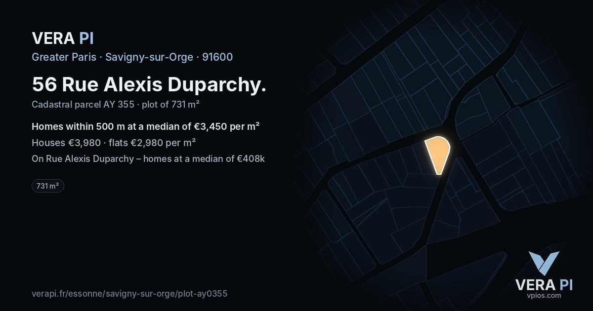 56 Rue Alexis Duparchy, Savigny-sur-Orge at night – the plot lit, the parcels around coloured by the prices near them