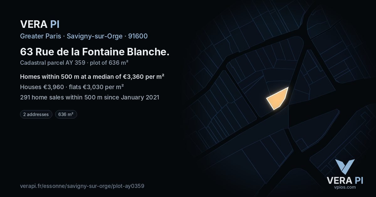 63 Rue de la Fontaine Blanche, Savigny-sur-Orge at night – the plot lit, the parcels around coloured by the prices near them