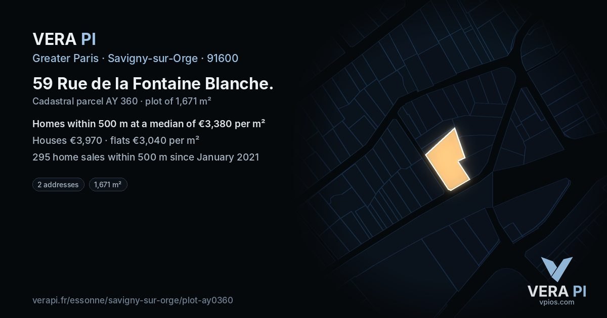 59 Rue de la Fontaine Blanche, Savigny-sur-Orge at night – the plot lit, the parcels around coloured by the prices near them