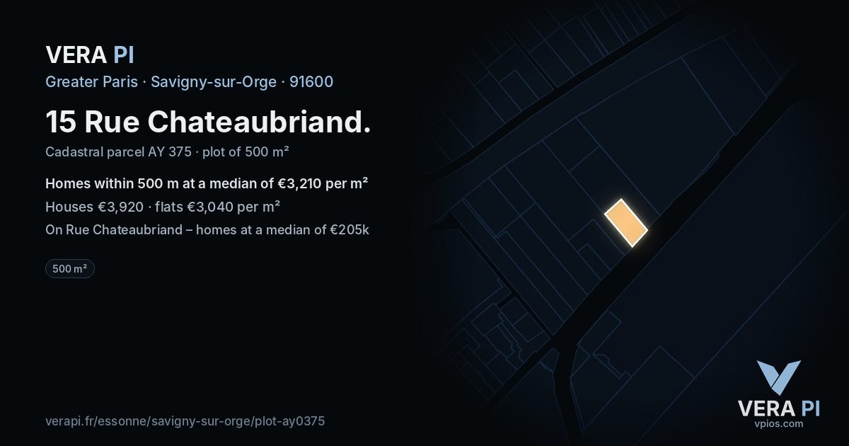 15 Rue Chateaubriand, Savigny-sur-Orge at night – the plot lit, the parcels around coloured by the prices near them