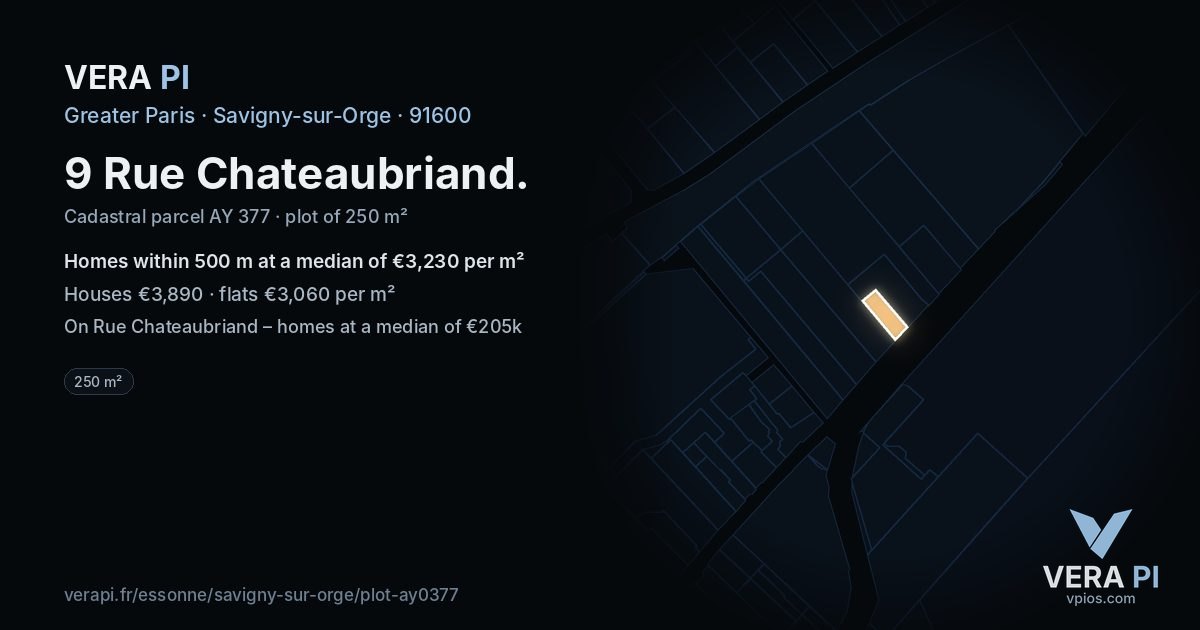 9 Rue Chateaubriand, Savigny-sur-Orge at night – the plot lit, the parcels around coloured by the prices near them