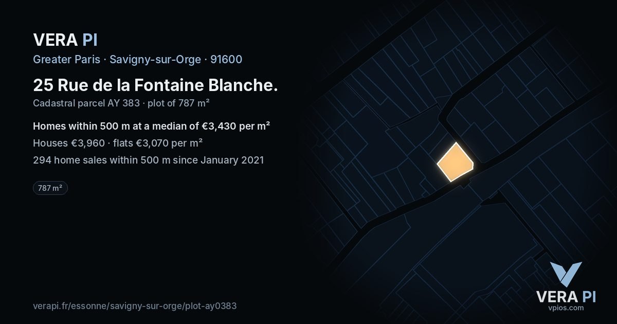 25 Rue de la Fontaine Blanche, Savigny-sur-Orge at night – the plot lit, the parcels around coloured by the prices near them