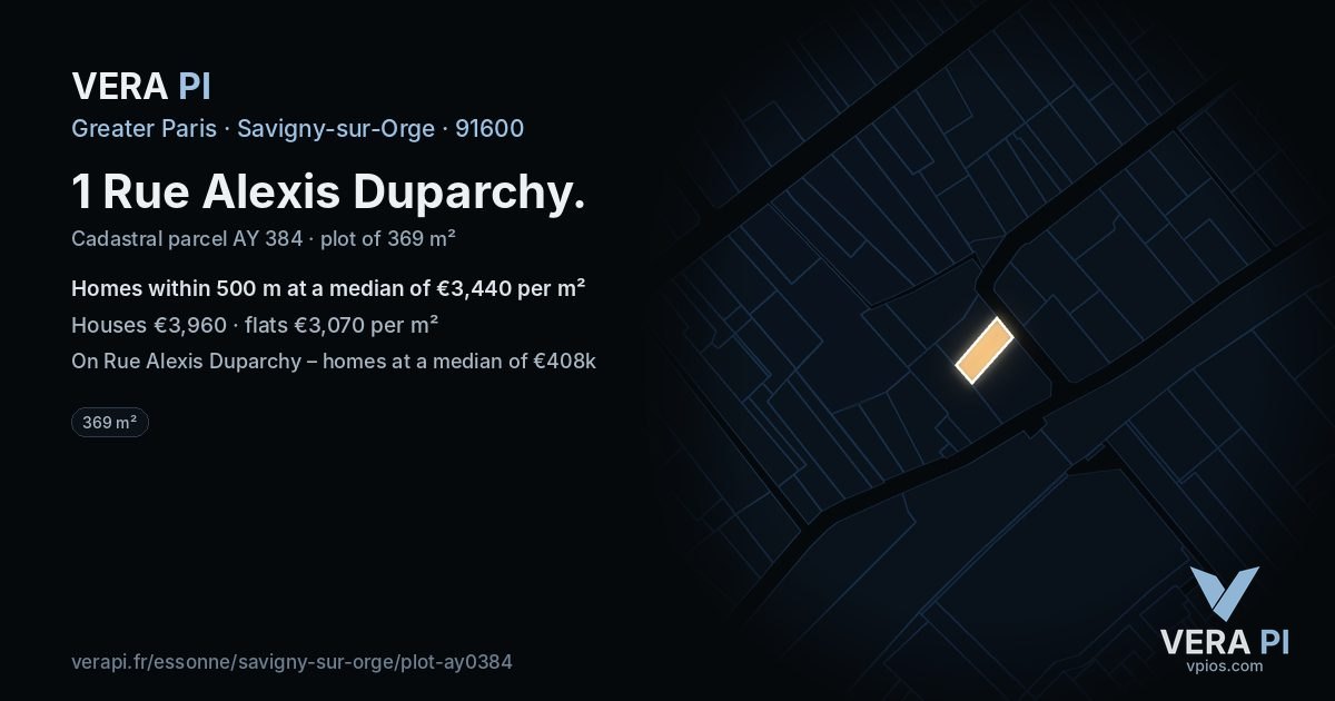 1 Rue Alexis Duparchy, Savigny-sur-Orge at night – the plot lit, the parcels around coloured by the prices near them