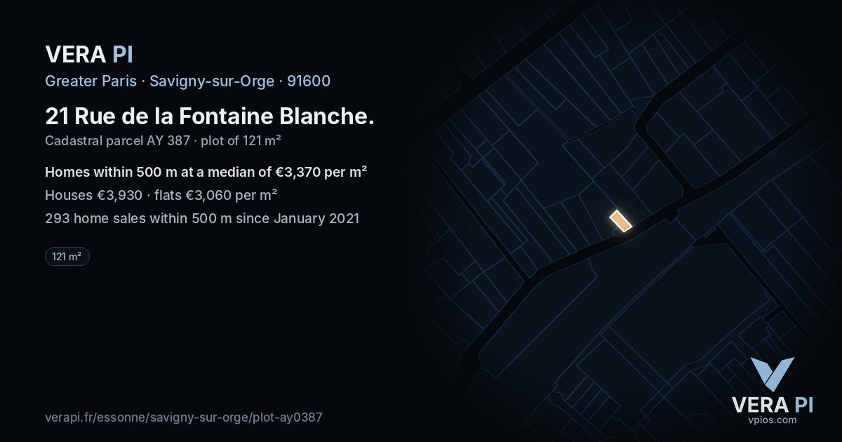 21 Rue de la Fontaine Blanche, Savigny-sur-Orge at night – the plot lit, the parcels around coloured by the prices near them