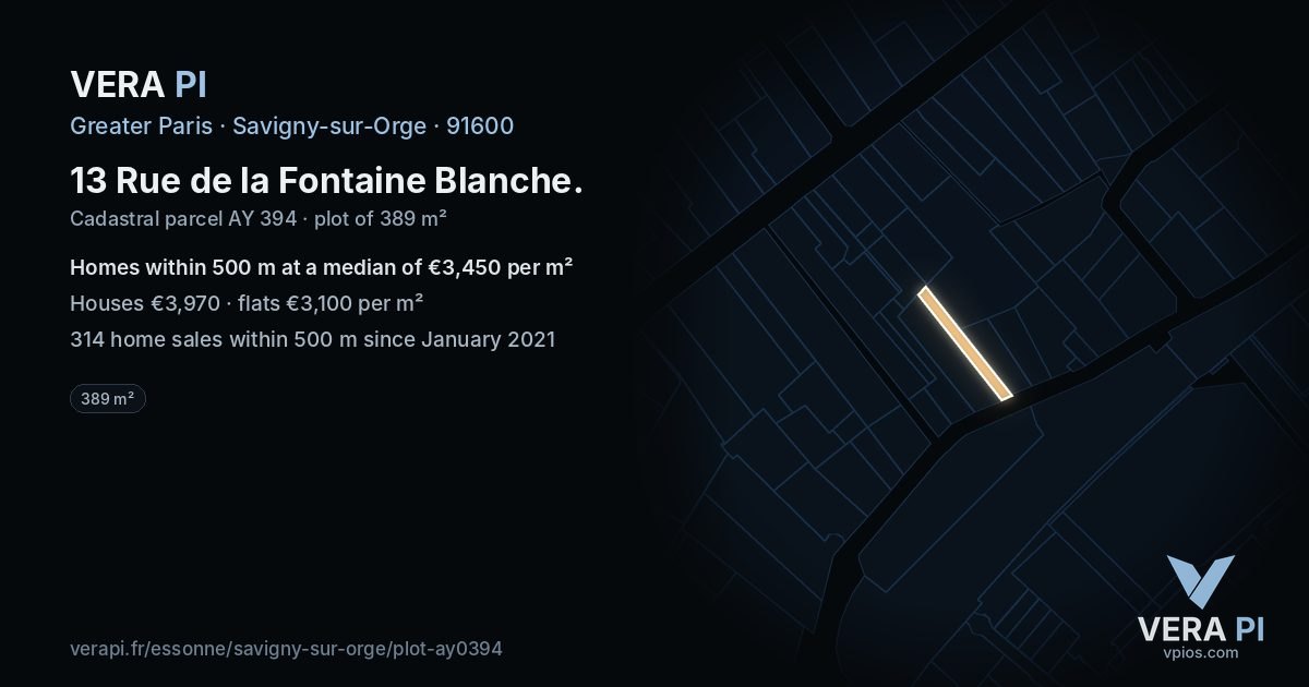 13 Rue de la Fontaine Blanche, Savigny-sur-Orge at night – the plot lit, the parcels around coloured by the prices near them