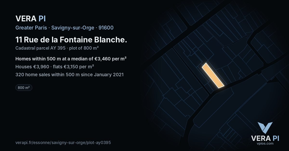 11 Rue de la Fontaine Blanche, Savigny-sur-Orge at night – the plot lit, the parcels around coloured by the prices near them