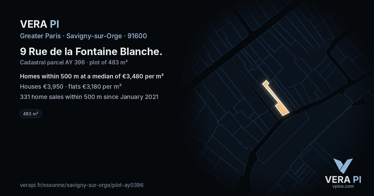 9 Rue de la Fontaine Blanche, Savigny-sur-Orge at night – the plot lit, the parcels around coloured by the prices near them