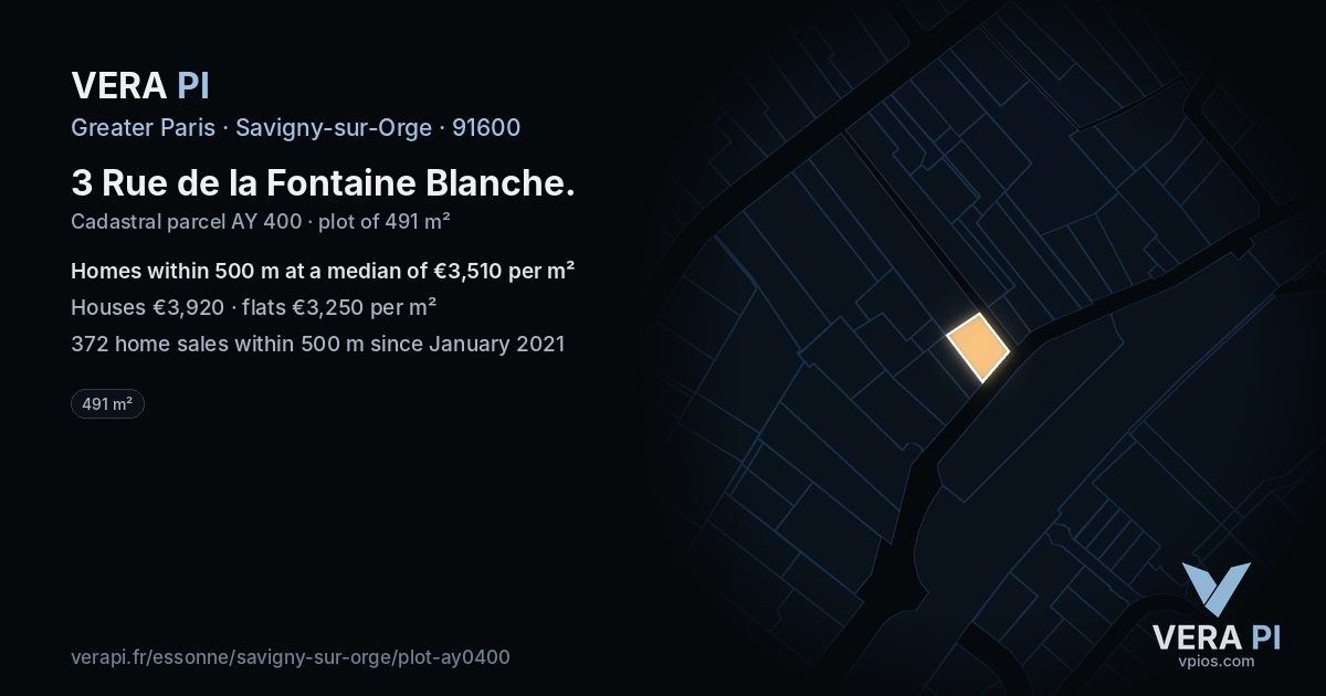 3 Rue de la Fontaine Blanche, Savigny-sur-Orge at night – the plot lit, the parcels around coloured by the prices near them