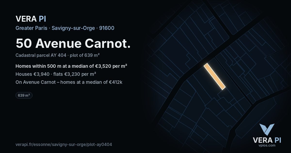 50 Avenue Carnot, Savigny-sur-Orge at night – the plot lit, the parcels around coloured by the prices near them