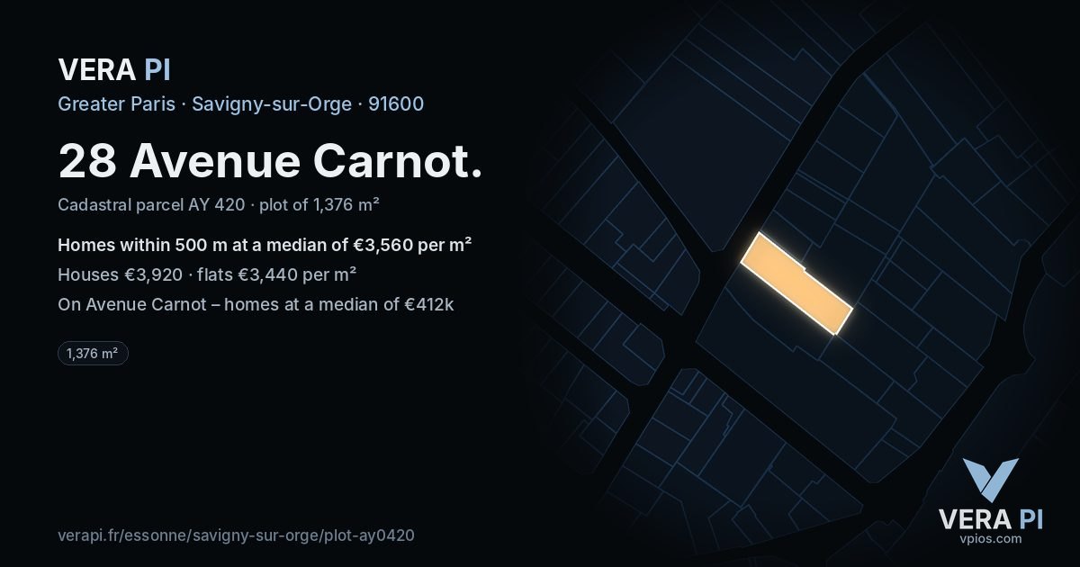 28 Avenue Carnot, Savigny-sur-Orge at night – the plot lit, the parcels around coloured by the prices near them