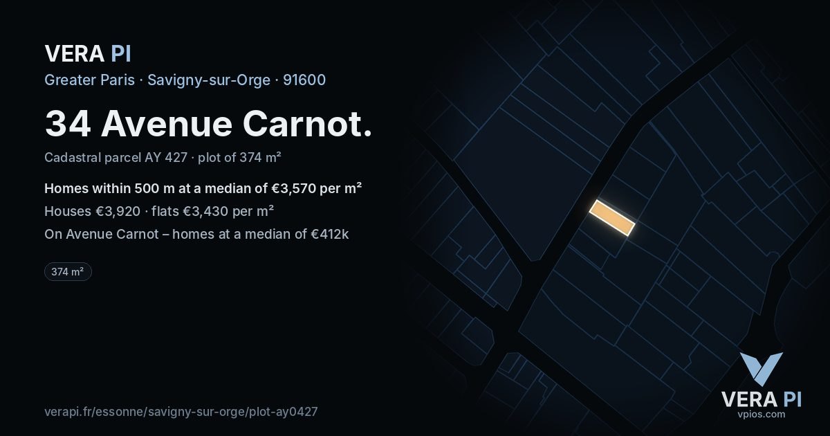 34 Avenue Carnot, Savigny-sur-Orge at night – the plot lit, the parcels around coloured by the prices near them