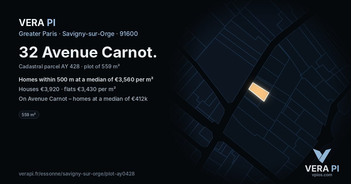 32 Avenue Carnot, Savigny-sur-Orge at night – the plot lit, the parcels around coloured by the prices near them