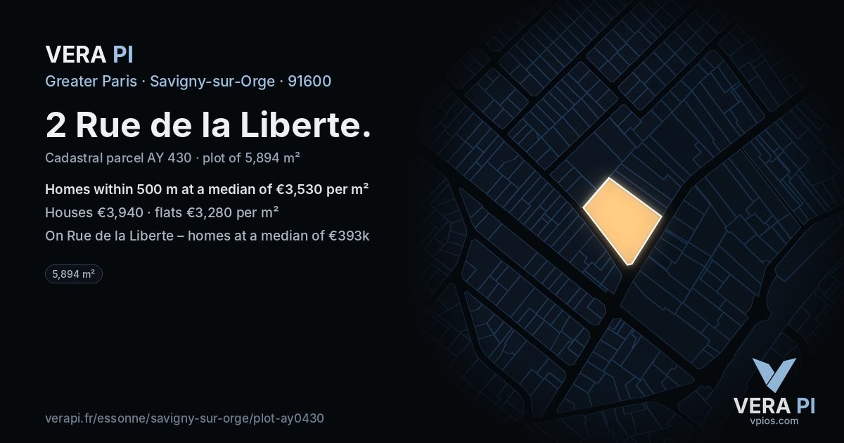 2 Rue de la Liberte, Savigny-sur-Orge at night – the plot lit, the parcels around coloured by the prices near them