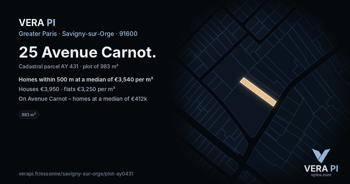 25 Avenue Carnot, Savigny-sur-Orge at night – the plot lit, the parcels around coloured by the prices near them