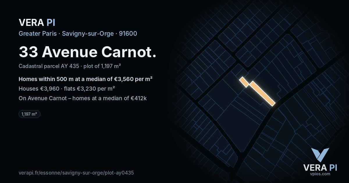 33 Avenue Carnot, Savigny-sur-Orge at night – the plot lit, the parcels around coloured by the prices near them