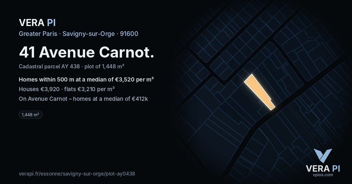 41 Avenue Carnot, Savigny-sur-Orge at night – the plot lit, the parcels around coloured by the prices near them