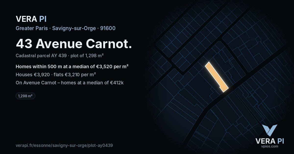 43 Avenue Carnot, Savigny-sur-Orge at night – the plot lit, the parcels around coloured by the prices near them