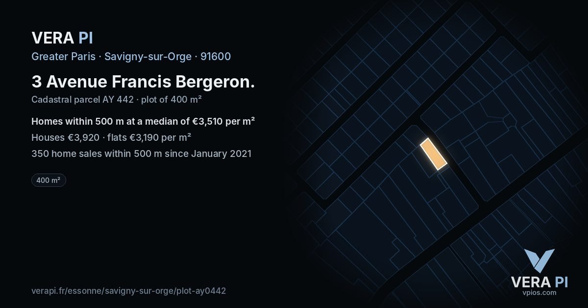 3 Avenue Francis Bergeron, Savigny-sur-Orge at night – the plot lit, the parcels around coloured by the prices near them