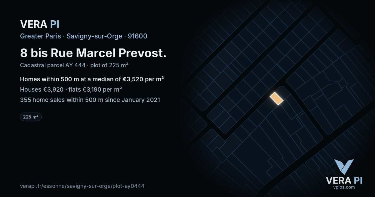 8 bis Rue Marcel Prevost, Savigny-sur-Orge at night – the plot lit, the parcels around coloured by the prices near them