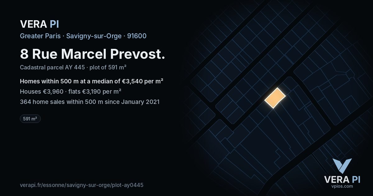 8 Rue Marcel Prevost, Savigny-sur-Orge at night – the plot lit, the parcels around coloured by the prices near them