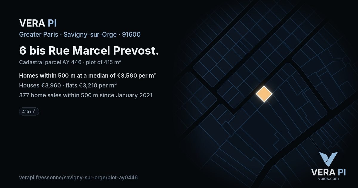 6 bis Rue Marcel Prevost, Savigny-sur-Orge at night – the plot lit, the parcels around coloured by the prices near them