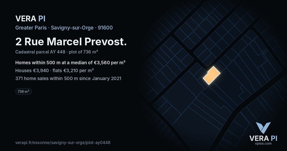 2 Rue Marcel Prevost, Savigny-sur-Orge at night – the plot lit, the parcels around coloured by the prices near them
