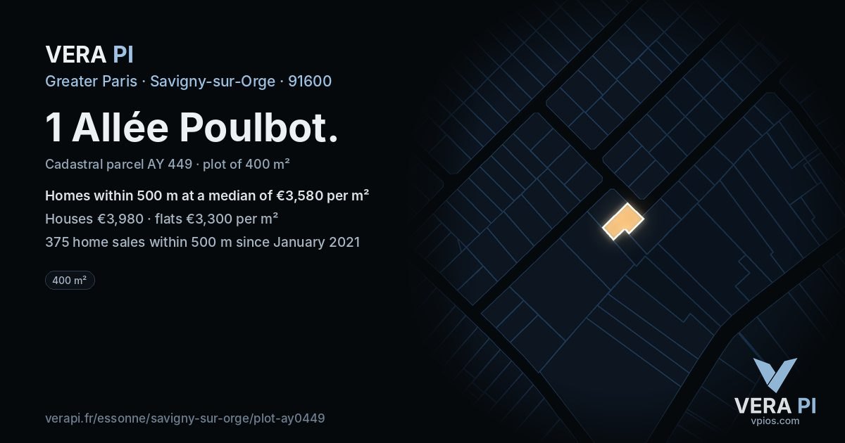 1 Allée Poulbot, Savigny-sur-Orge at night – the plot lit, the parcels around coloured by the prices near them