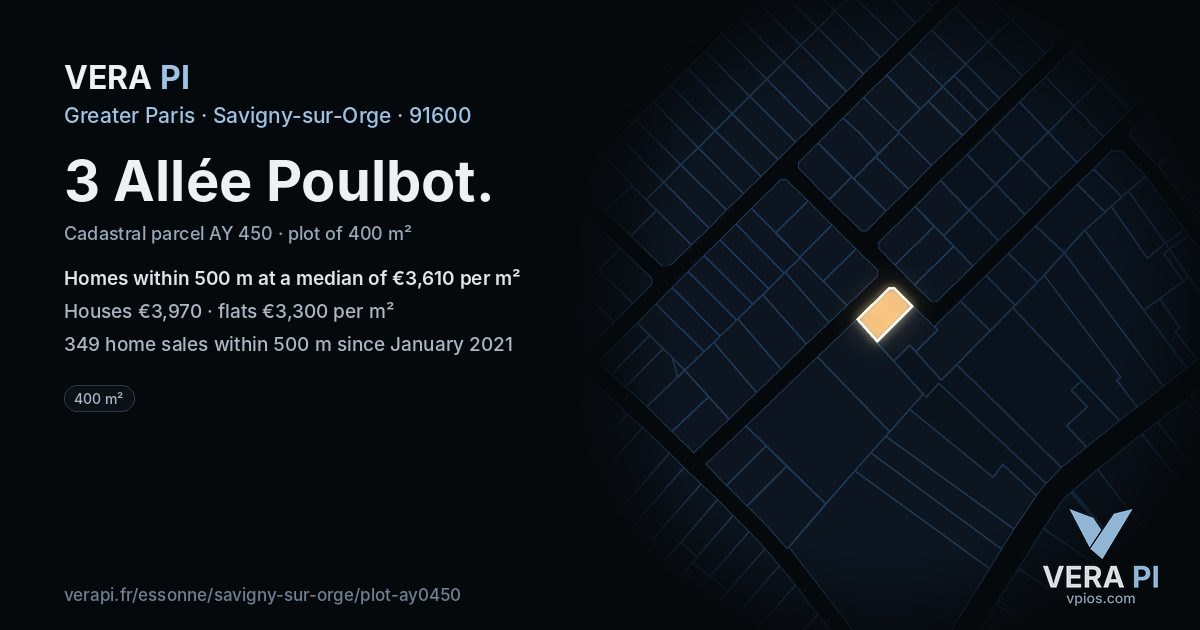 3 Allée Poulbot, Savigny-sur-Orge at night – the plot lit, the parcels around coloured by the prices near them