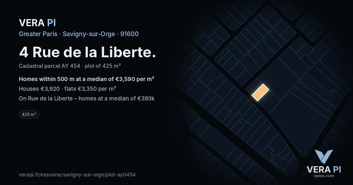 4 Rue de la Liberte, Savigny-sur-Orge at night – the plot lit, the parcels around coloured by the prices near them