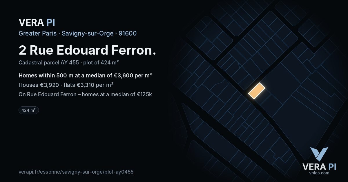 2 Rue Edouard Ferron, Savigny-sur-Orge at night – the plot lit, the parcels around coloured by the prices near them