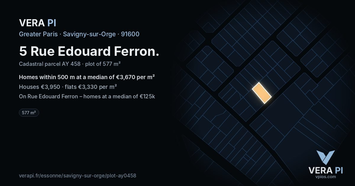 5 Rue Edouard Ferron, Savigny-sur-Orge at night – the plot lit, the parcels around coloured by the prices near them