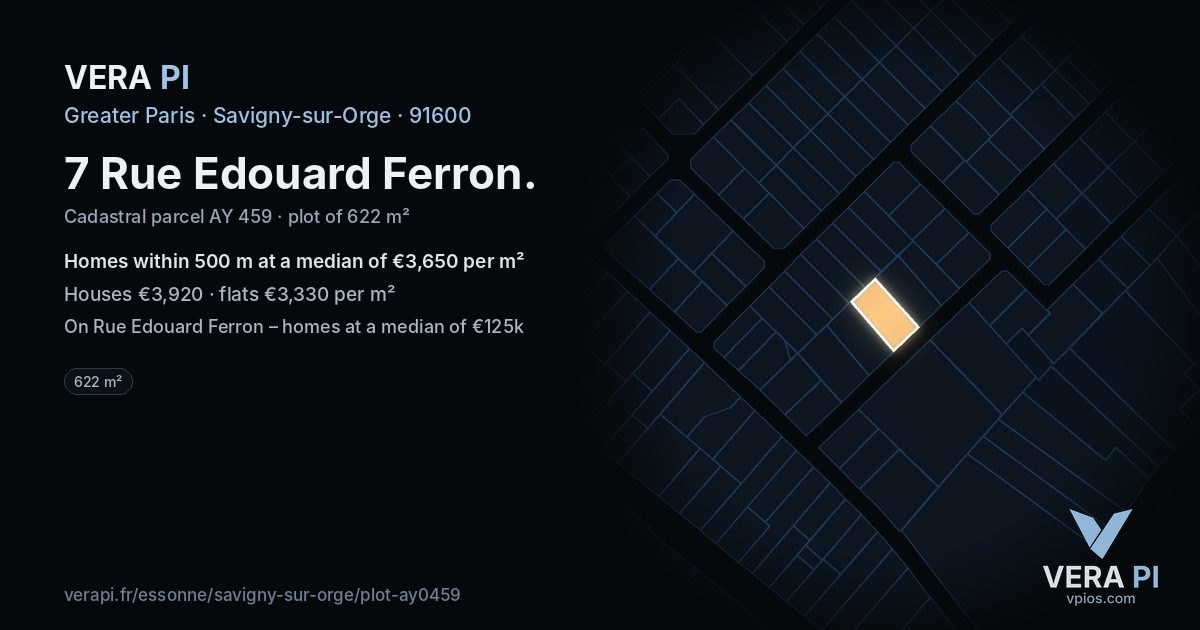 7 Rue Edouard Ferron, Savigny-sur-Orge at night – the plot lit, the parcels around coloured by the prices near them