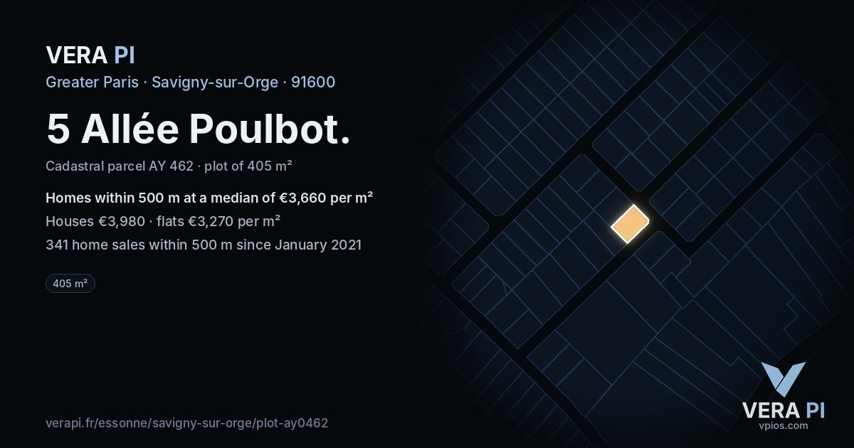 5 Allée Poulbot, Savigny-sur-Orge at night – the plot lit, the parcels around coloured by the prices near them