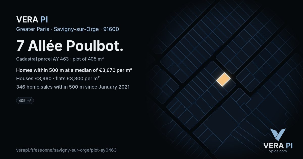 7 Allée Poulbot, Savigny-sur-Orge at night – the plot lit, the parcels around coloured by the prices near them